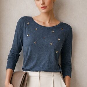 Massimo Dutti Embellished Jewel Knit Top Slate Blue Quiet Luxury XL Soft Blouse